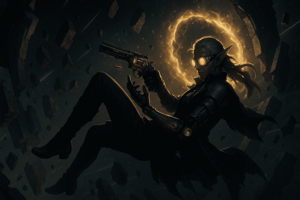 An elven gunslinger with glowing goggles and a mechanical arm reloads midair as she flips backward through a collapsing portal surrounded by floating stone ruins.