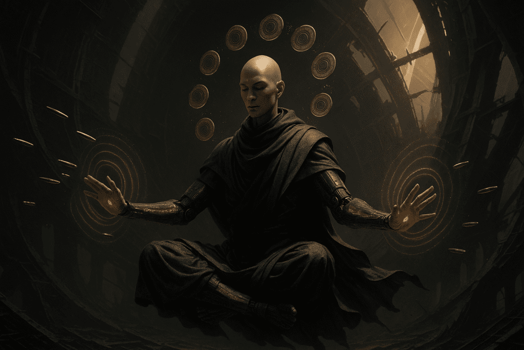 A bald monk with cybernetic arms levitates cross-legged in a ruined temple as glowing golden discs orbit his head and hands in perfect harmony.