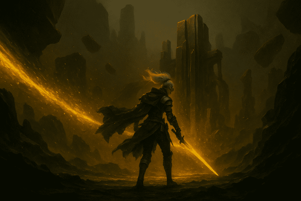 A silver-haired warrior stands with a glowing golden sword in the midst of towering ancient ruins, illuminated by swirling golden particles and fractured rock formations.